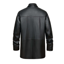Load image into Gallery viewer, Back view of REED EST. 1950 Men's Genuine Lambskin Leather Car Coat, four-button, soft black leather, ideal for winter style and warmth.