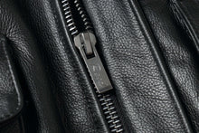 Load image into Gallery viewer, Close-up of black leather material and zipper on REED Men's Premium Leather Aviator Bomber Jacket.