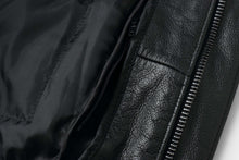Load image into Gallery viewer, Close-up of REED Men's Premium Leather Aviator Bomber Jacket showing texture and zipper detail.