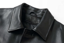 Load image into Gallery viewer, Close-up of REED EST. 1950 Men's genuine lambskin leather jacket collar with button details.