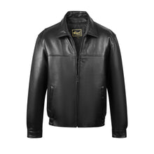 Cargar imagen en el visor de la galería, REED Men's Black New Zealand Lambskin Leather Jacket, sleek and stylish blouson design, perfect for all occasions.
