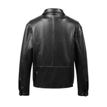 Cargar imagen en el visor de la galería, Back view of REED Men's New Zealand Lambskin Leather Jacket in black, showcasing premium craftsmanship and sleek design.