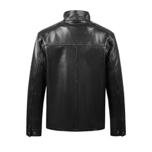 Load image into Gallery viewer, REED men's lambskin leather jacket with stand-up collar, back view. Luxurious, durable winter coat with zip-up closure and inside pockets.