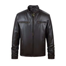 Load image into Gallery viewer, REED men's jacket in genuine lambskin leather with stand-up collar, black, front zip-up, imported, premium quality, stylish winter coat.