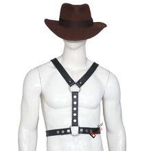 Cargar imagen en el visor de la galería, Double Folded Real Cowhide Leather Harness for Men Y shape Chest Harness Shoulder Harness Men Fetish Wear on mannequin with hat