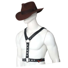 Cargar imagen en el visor de la galería, Mannequin wearing Double Folded Real Cowhide Leather Harness for Men Y shape Chest Harness Shoulder Harness Men Fetish Wear