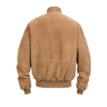 Load image into Gallery viewer, Back view of REED Men's Baseball Suede Leather Jacket featuring genuine suede material and classic baseball style.