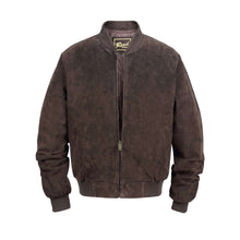 Load image into Gallery viewer, Men's suede leather baseball jacket with satin lining by REED, ideal for fall and spring wear, durable and stylish.