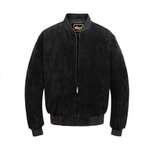 Load image into Gallery viewer, REED Men's black baseball suede leather jacket with satin lining, ideal for fall and spring weather, featuring zipper closure.