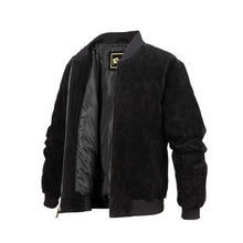 Load image into Gallery viewer, REED men's black baseball suede leather jacket with satin lining, ideal for all-season wear and classic style.