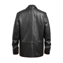 Cargar imagen en el visor de la galería, Back view of REED Men's Premium Lambskin Leather Blazer Sports Jacket, black color, showcasing high-quality soft-touch leather.