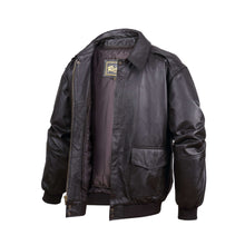 Load image into Gallery viewer, REED Men's Premium Leather Aviator Bomber Jacket, classic style, durable imported leather, front pockets, knit cuffs, black color.