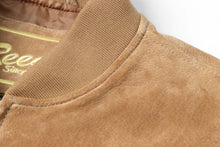 Load image into Gallery viewer, Close-up of REED Men's Baseball Suede Leather Jacket featuring soft suede texture and satin lining, perfect for fall and spring.