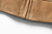 Load image into Gallery viewer, Close-up of genuine suede leather material from REED Men's Baseball Jacket, highlighting the soft supple texture and stitching detail.