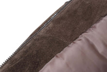 Load image into Gallery viewer, Close-up of REED Men's Baseball Suede Leather Jacket, highlighting imported suede and satin lining, perfect for all-season wear.