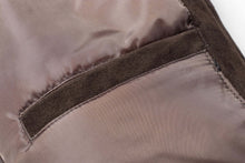Load image into Gallery viewer, Close-up of satin-lined pocket on REED Men's Baseball Suede Leather Jacket, showcasing soft suede and durable stitching.