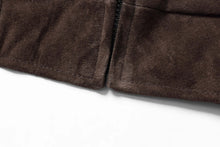 Load image into Gallery viewer, Close-up of REED Men's Baseball Suede Leather Jacket in dark brown, showcasing soft suede texture and detailed stitching.