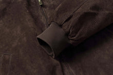 Load image into Gallery viewer, Close-up of REED Men's Baseball Suede Leather Jacket sleeve, showcasing the durable imported suede and ribbed cuff detail.