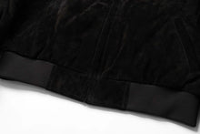 Load image into Gallery viewer, Close-up of REED Men's Baseball Suede Leather Jacket showing soft, durable suede and classic styling, perfect for fall and spring.