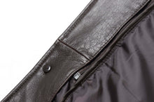 Load image into Gallery viewer, Close-up of inside collar and button detail on REED EST. 1950 Men's Genuine Lambskin Leather Jacket, displaying rich texture and quality.