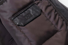 Load image into Gallery viewer, Close-up of REED Men's Premium Leather Aviator Bomber Jacket interior pocket, highlighting durable stitching and soft lining.