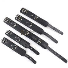 Charger l'image dans la galerie, Real Cowhide Leather Wrist and Ankle Cuffs with Neck Collar Restraint Bondage Set Black 7 Piece Padded Cuffs with two connectors