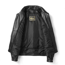 Cargar imagen en el visor de la galería, REED men's black lambskin leather jacket, New Zealand leather, open view with interior lining, stylish and flexible blouson.