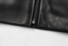 Cargar imagen en el visor de la galería, Close-up of black lambskin leather jacket with zipper detail, showcasing fine New Zealand leather quality by REED.
