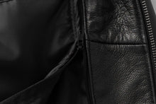Cargar imagen en el visor de la galería, Close-up of black New Zealand lambskin leather jacket texture and zipper detail from REED.