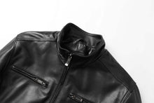 Load image into Gallery viewer, REED men's jacket in genuine lambskin leather with stand-up collar, front zip closure, and pockets. Stylish winter coat for men.