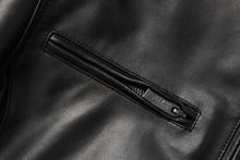Load image into Gallery viewer, Close-up of REED genuine lambskin leather jacket pocket with zip detail, showcasing luxury and quality materials.