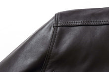Load image into Gallery viewer, Close-up of REED Men's Lambskin Leather Jacket with Stand-Up Collar, showcasing premium stitching and texture.