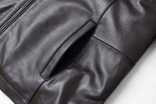 Load image into Gallery viewer, Close-up of REED men's lambskin leather jacket pocket, showcasing luxurious softness and premium quality craftsmanship.