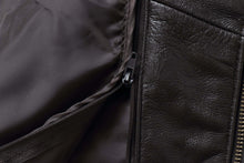 Load image into Gallery viewer, Close-up of REED men's jacket featuring genuine lambskin leather texture and front zip-up closure for timeless elegance.