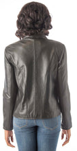 Load image into Gallery viewer, Back view of REED Women's Moto Leather Fashion Jacket in black genuine lamb leather, showcasing stylish design and soft texture.