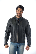 Cargar imagen en el visor de la galería, Man wearing REED Classic Motorcycle Leather Jacket, black full-grain leather, made in USA, showcasing durable and stylish design.