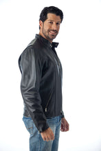Cargar imagen en el visor de la galería, Man wearing REED Classic Motorcycle Leather Jacket in black, made in USA, showcasing full-grain leather quality and comfort.