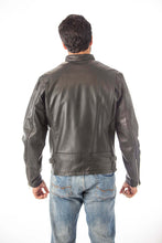 Cargar imagen en el visor de la galería, Back view of REED Classic Motorcycle Leather Jacket in black, made from durable naked cow leather, modeled by a man wearing jeans.