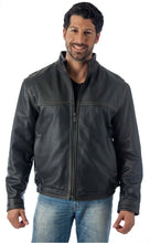 Load image into Gallery viewer, Contemporary stand up collar leather jacket, Reed Classic Men's Fit, with contrast stitching, worn by a model, front view.