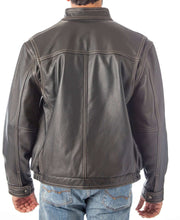 Load image into Gallery viewer, Back view of men's contemporary stand up collar leather jacket, contrast stitched, durable naked cow leather style.