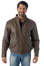 Load image into Gallery viewer, Man wearing a contemporary brown leather jacket with stand up collar and contrast stitching, showcasing stylish, classic men's fit.