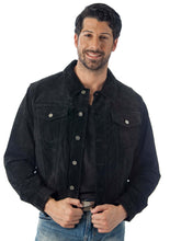 Cargar imagen en el visor de la galería, REED Men's Western Suede Leather Shirt Jacket, black jean style, worn by smiling model, showcasing premium craftsmanship.