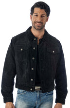 Cargar imagen en el visor de la galería, Man wearing REED Men's Western Jean Style Suede Leather Shirt Jacket, black suede with button closure, imported fashion.