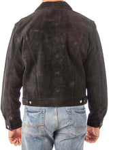 Cargar imagen en el visor de la galería, Back view of REED Men's Western Jean Style Suede Leather Shirt Jacket in black, paired with blue jeans.