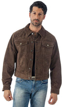 Cargar imagen en el visor de la galería, REED Men's Western Jean Style Suede Leather Shirt Jacket, rich brown, button-up front, and chest pockets, worn by male model in blue jeans