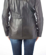 Load image into Gallery viewer, Back view of black Women's 28" jacket with fox trimmed detachable hood and braided leather trim