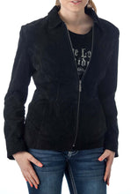 Load image into Gallery viewer, Women's genuine suede leather fashion jacket by REED, black, featuring satin lining and soft durable touch, imported design.