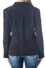 Load image into Gallery viewer, Alt Tag: Women's genuine suede leather fashion jacket by REED, soft and durable, with satin lining, shown from the back.