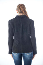 Load image into Gallery viewer, Back view of Women's Genuine Suede Leather Fashion Jacket by REED, featuring premium black suede with a soft, durable touch and satin lining.