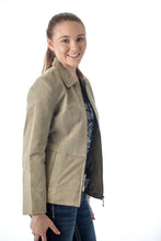Load image into Gallery viewer, Woman wearing REED Women's Genuine Suede Leather Fashion Jacket with satin lining, showcasing stylish and durable suede fabric in an elegant design.
